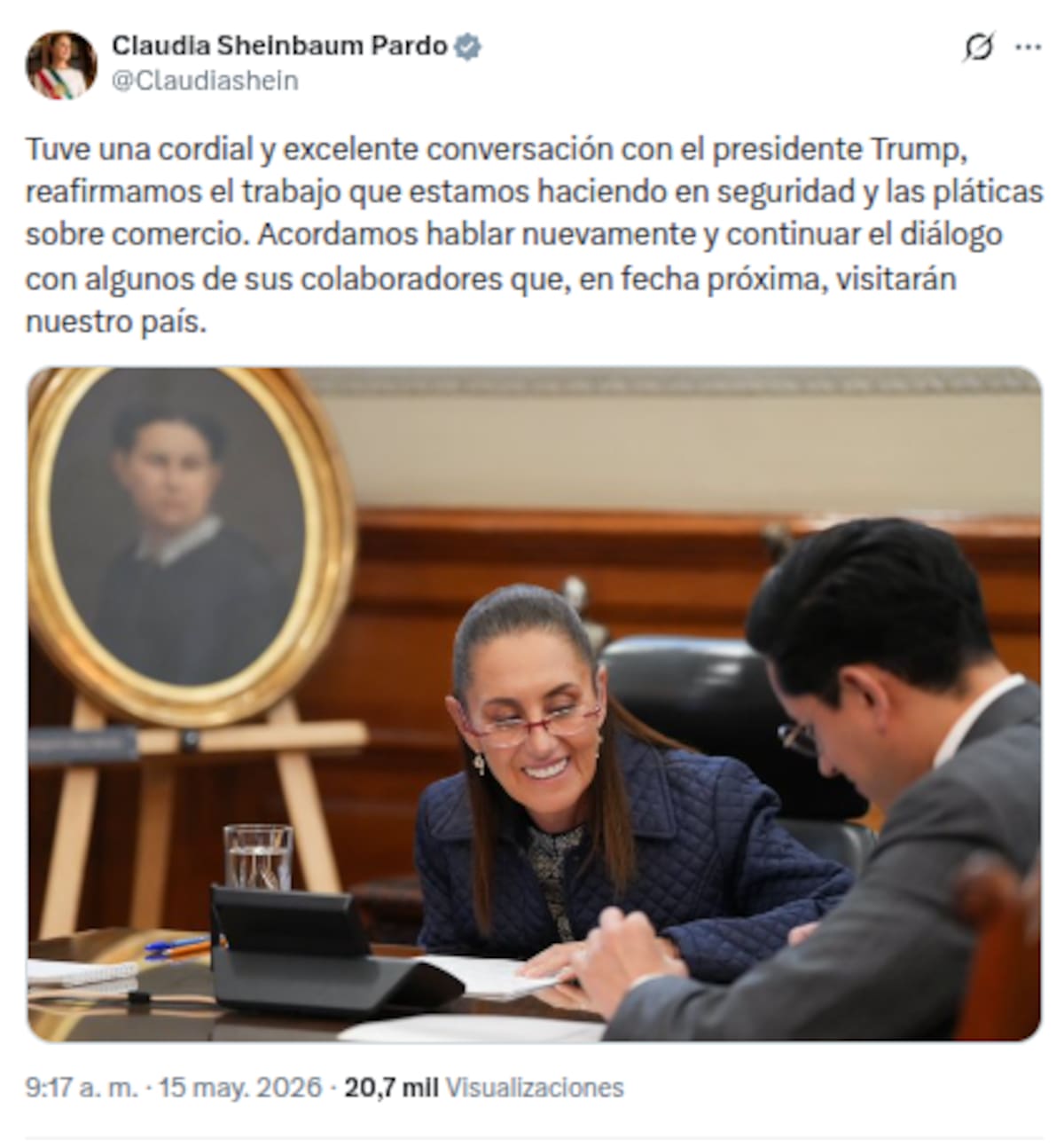La presidenta Claudia Sheinbaum anunció que sostuvo una llamada este viernes 15 de mayo con el presidente de EEUU, Donald Trump.