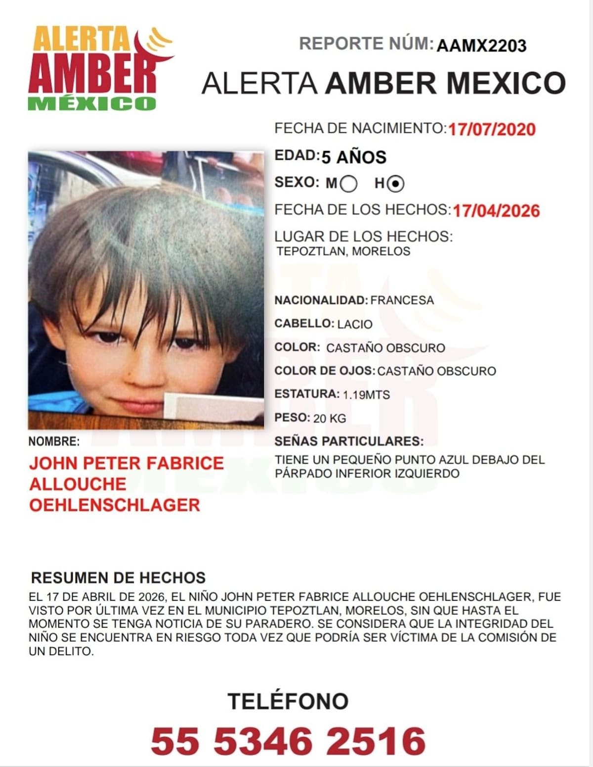 Fue visto por última vez el 17 de abril de 2026.