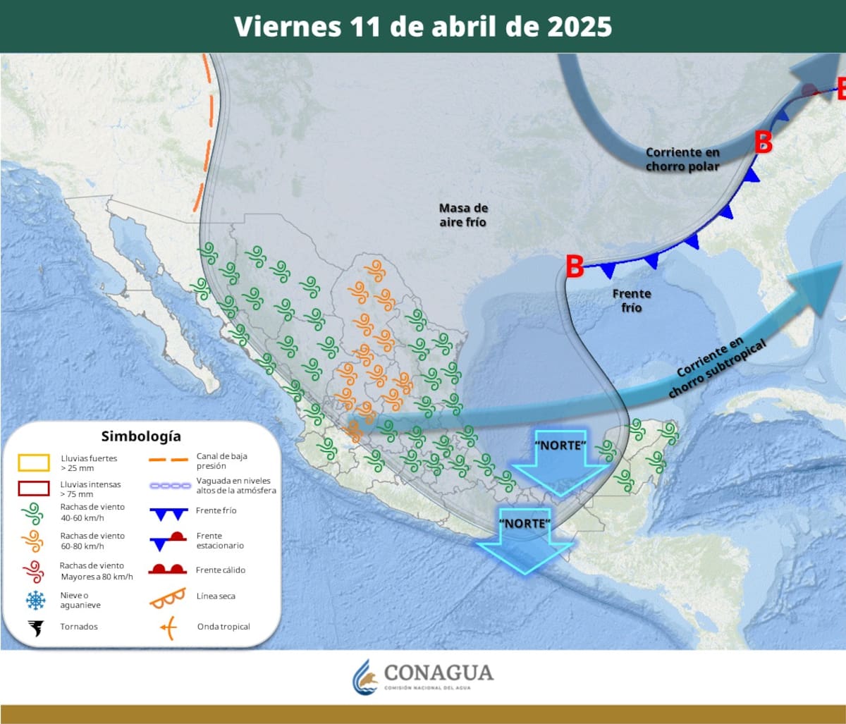 Se espera que las zonas montañosas de Chihuahua, Durango, Zacatecas, San Luis Potosí, Aguascalientes, Jalisco, Michoacán, Guanajuato, Estado de México, Hidalgo, Tlaxcala y Puebla registren temperaturas de -5 a 0 °C con heladas para la madrugada del sábado. Zonas como Querétaro, Ciudad de México, Morelos, Veracruz y Oaxaca tendrán temperaturas mínimas de 0 a 5 °C .