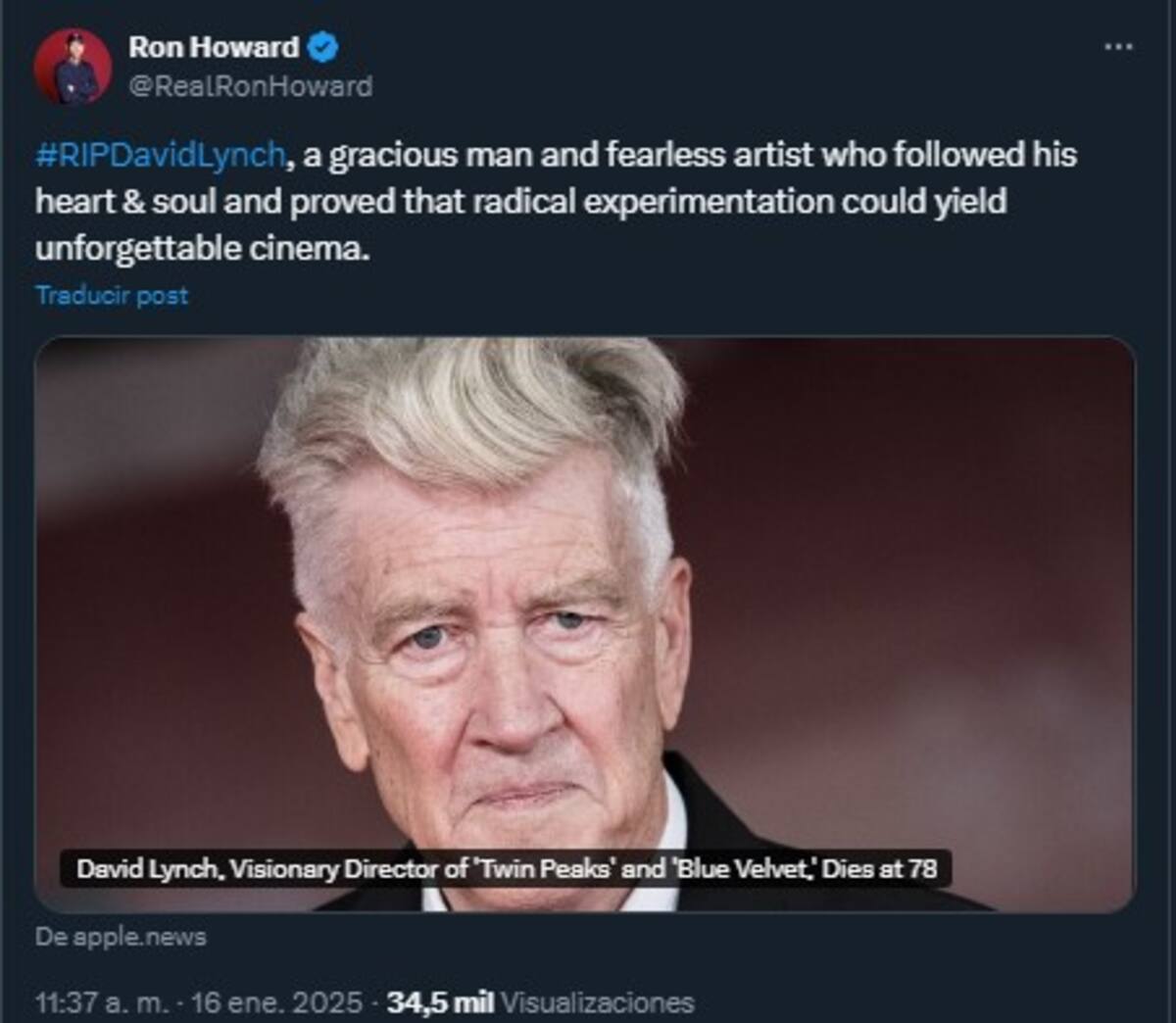 Ron Howard lamentó la pérdida de David Lynch / Cuenta de X: @RealRonHoward