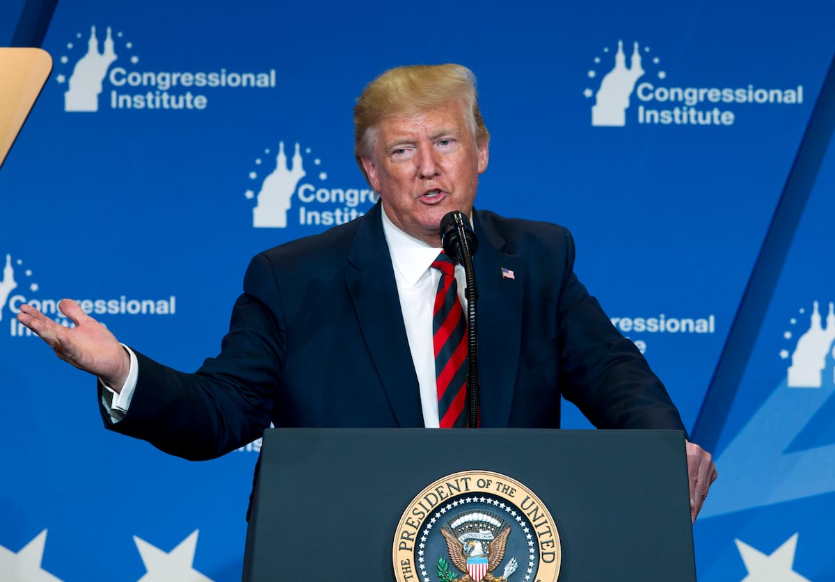 Donald Trump hablando ante una conferencia republicana en Baltimore el 12 de septiembre del 2019. El mandatario ha decidido invertir capital político en Nuevo México convencido de que tiene posibilidades de alzarse con ese estado, que perdió en el 2016 y que es el de mayor concentración de hispanos de EEUU. Nuevo México podría ser vital para sus esperanzas de reelección del año que viene. (AP Photo/José Luis Magaña)