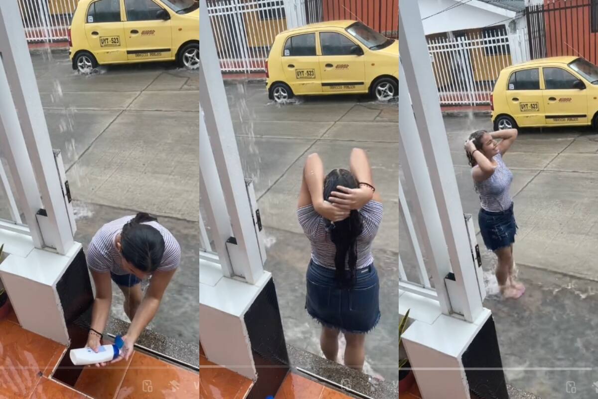 VIDEO: ¡joven aprovecha el agua de lluvia para bañarse enfrente de su casa!