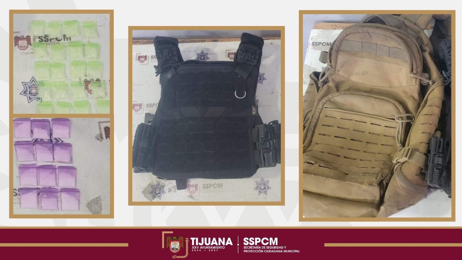 La mujer de 39 años fue detenida por la Policía Municipal en la colonia Cañón de las Carretas tras ser encontrada con presuntas drogas y un chaleco con placas balísticas. Foto: Cortesía.