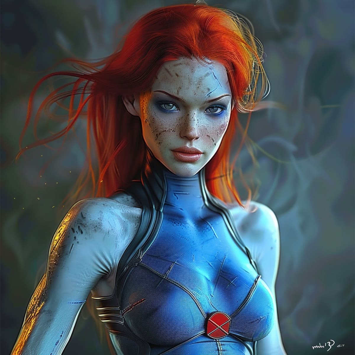 Mystique cobra vida en la interpretación de Midjourney, mostrando su distintivo cabello rojo.