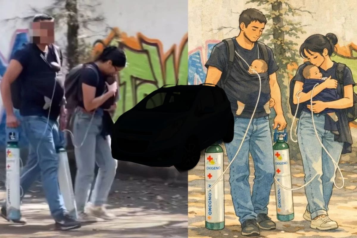 Redes lo logran y ubican a madre y padre que cargan a sus bebés con tanques de oxígeno y conmovieron a Internet con viral foto, ahora buscan ayudarlos con un automóvil para moverse
