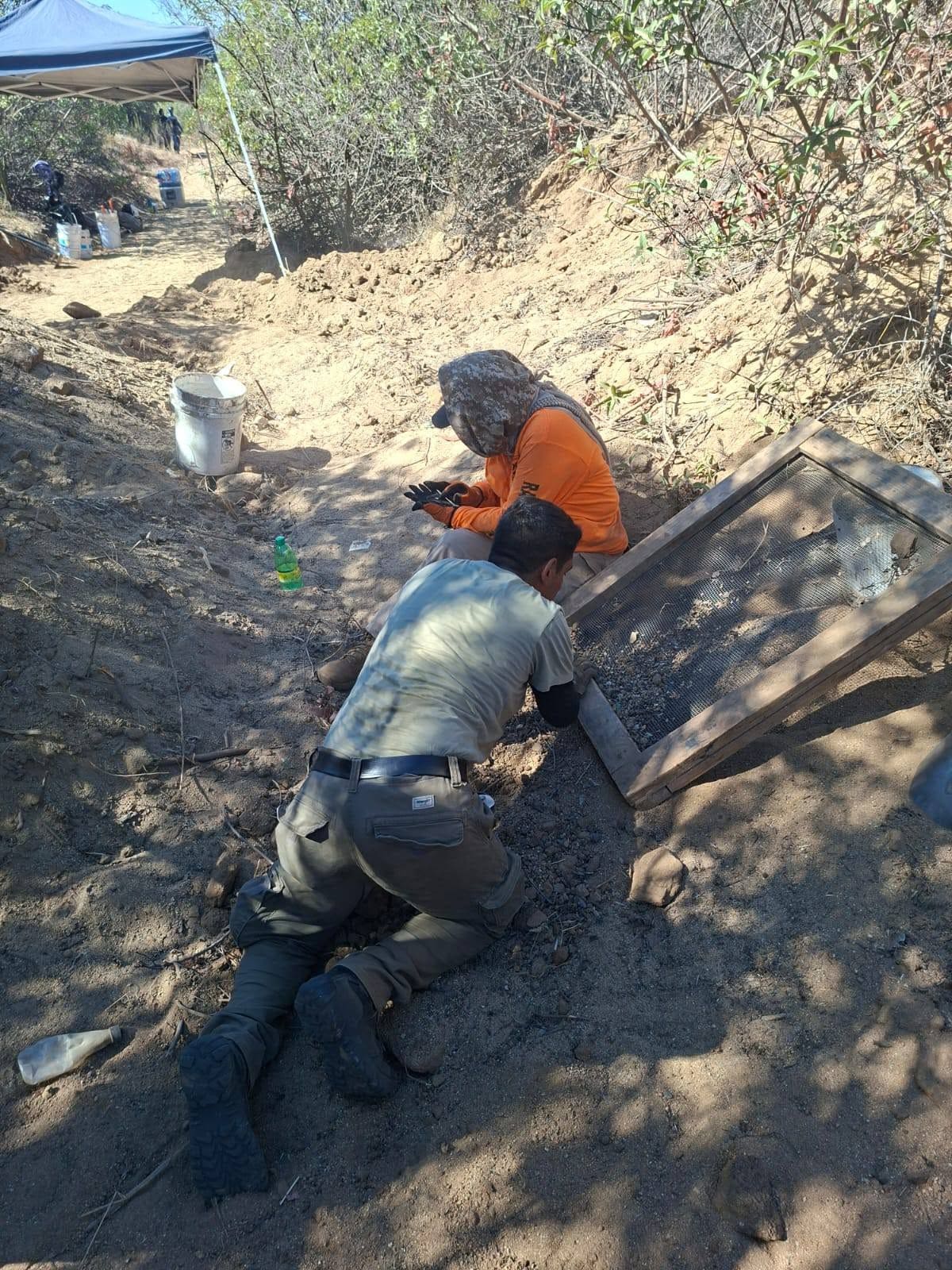 Integrantes de los equipos de búsqueda utilizaron cernidores para revisar el terreno y recuperar posibles restos óseos durante la jornada en Ensenada. Foto: Cortesía