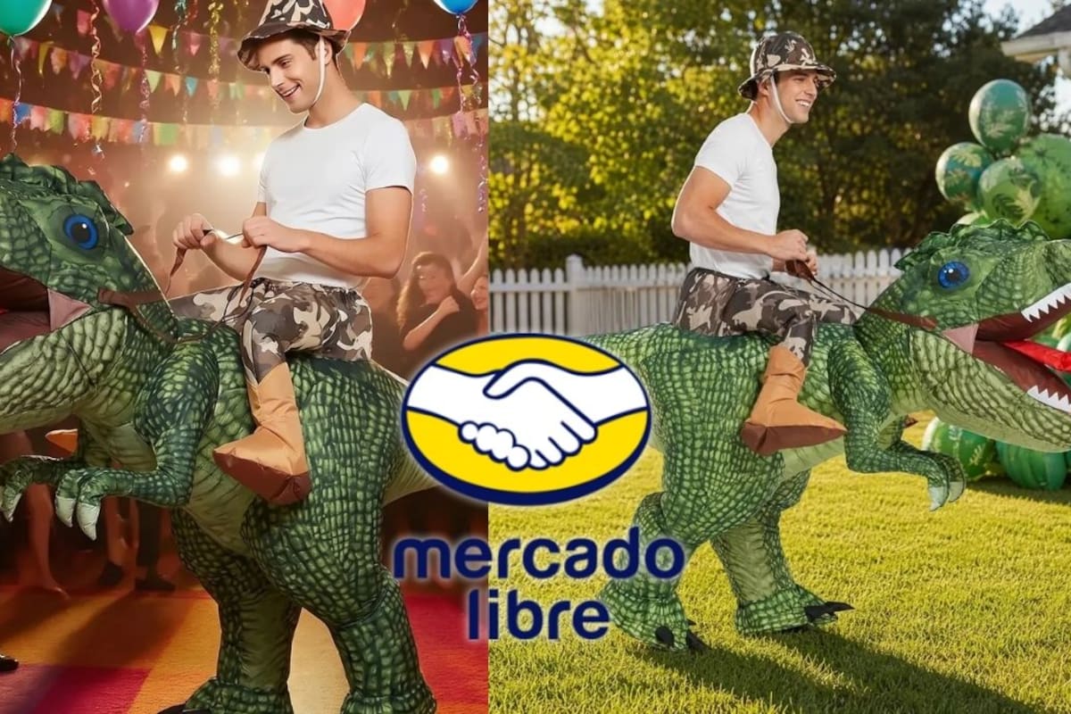 El disfraz inflable de T-Rex que se vende en Mercado Libre con 43 por ciento de descuento e incluye sistema de inflado