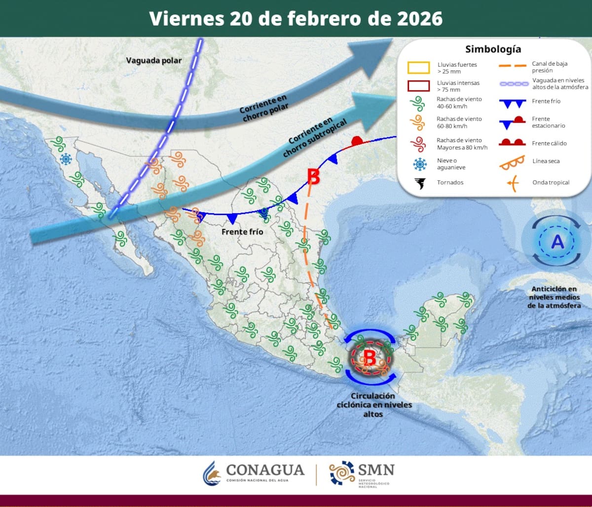 Pronóstico del clima para el viernes 20 de febrero del 2026. | Crédito: SMN