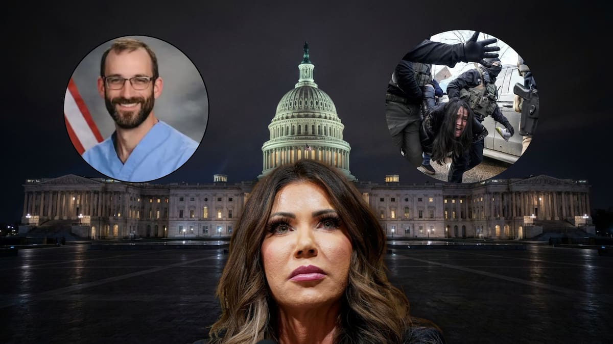 La secretaria Kristi Noem enfrenta el momento más oscuro de su carrera tras el anuncio de un juicio político impulsado por la oposición y críticas de su propio partido. (Reuters/Canva)