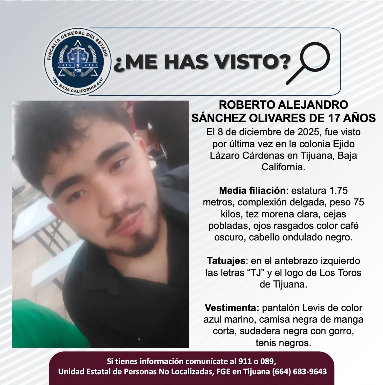 Fue visto por última vez el 8 de diciembre de 2025.