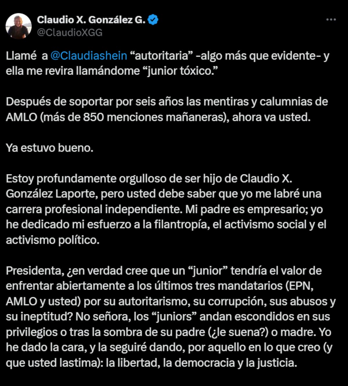 Claudio X. González fue llamado "junior tóxico" por la presidenta Claudia Sheinbaum y responde con tuit. | X @ClaudioXGG