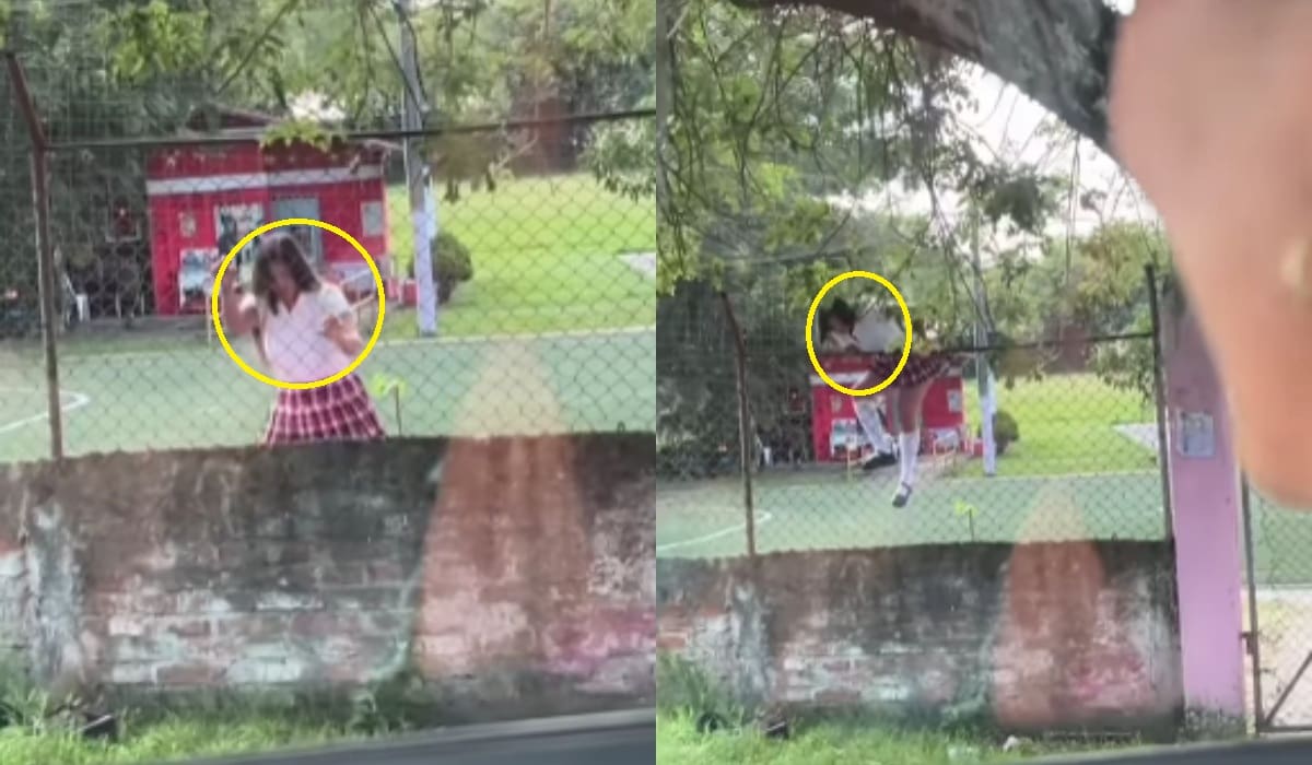 Madre capta a su hija escapando de la escuela al saltar la reja justo cuando iba por ella