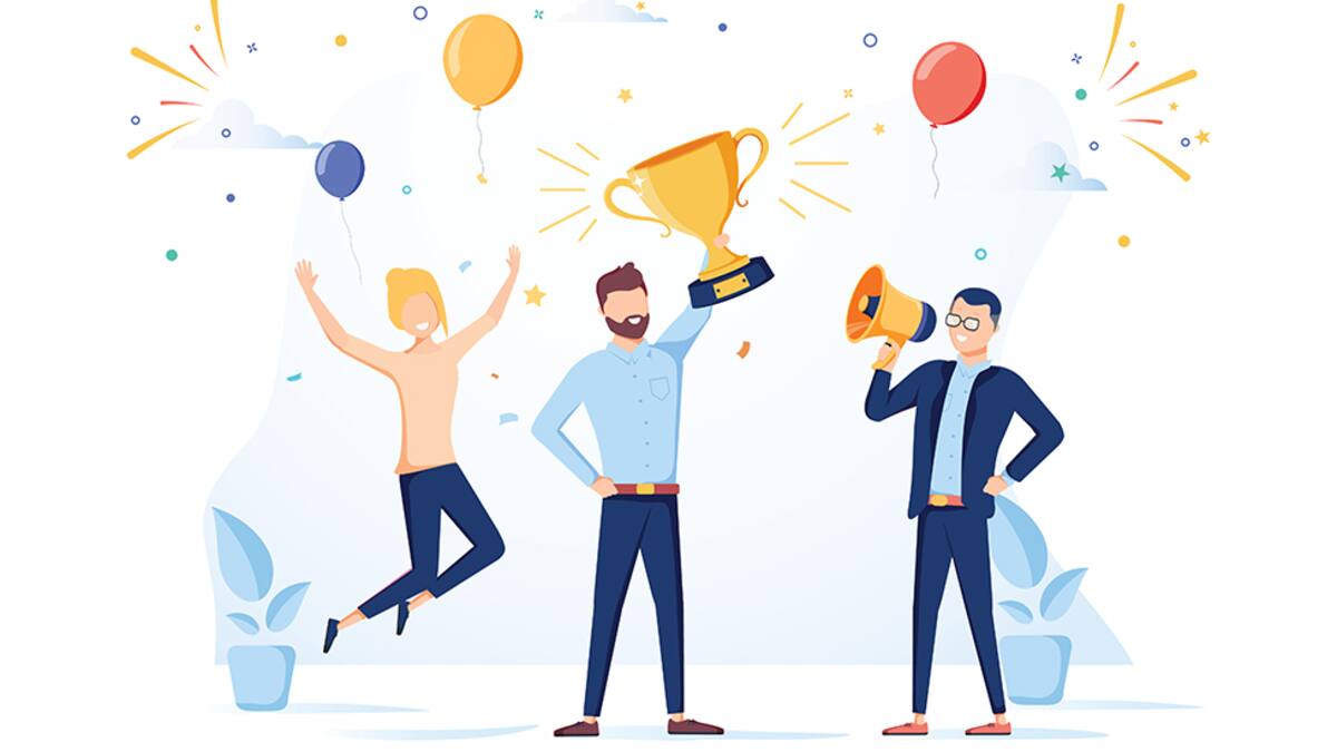 Team Success vector concept. Business people celebrating victory. Man holding gold cup. Flat Vector illustration. Achievement reward. Businessman and businesswoman happy in office. Victory prize