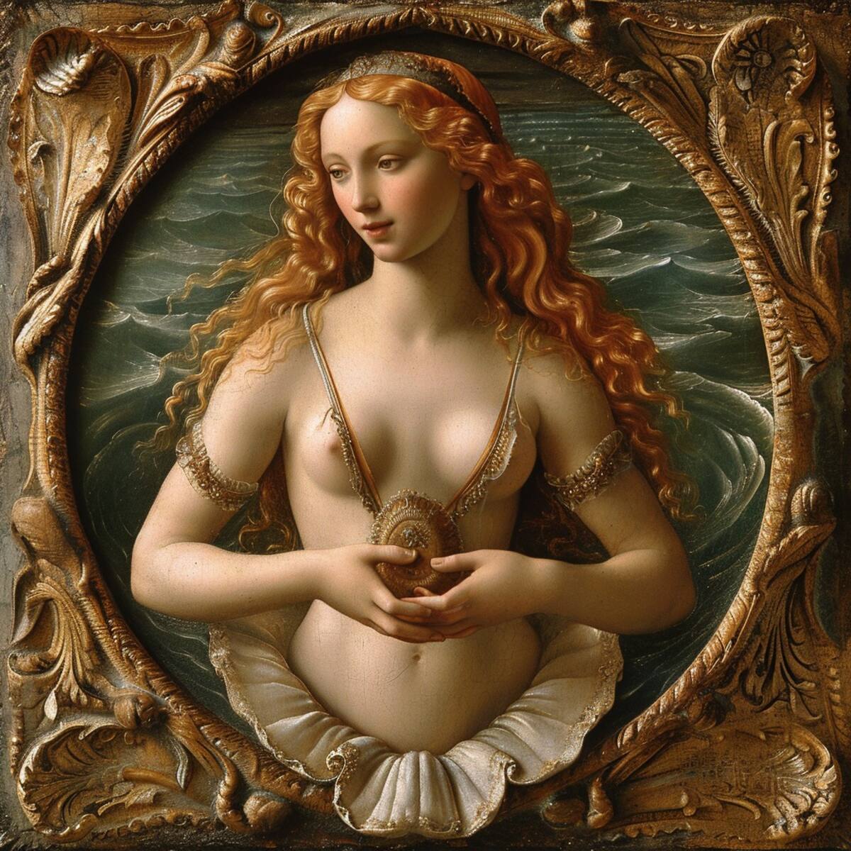 Venus, la diosa del amor, cobra vida en diferentes formas, desde su desnudez hasta toques modernos de indumentaria, acompañada de un deslumbrante cabello rizado en tonos rubios naranja.