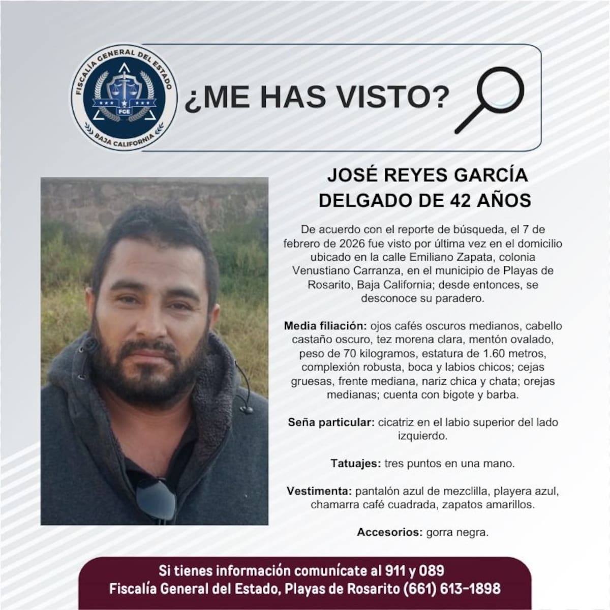 Fue visto por última vez el 7 de febrero de 2026.