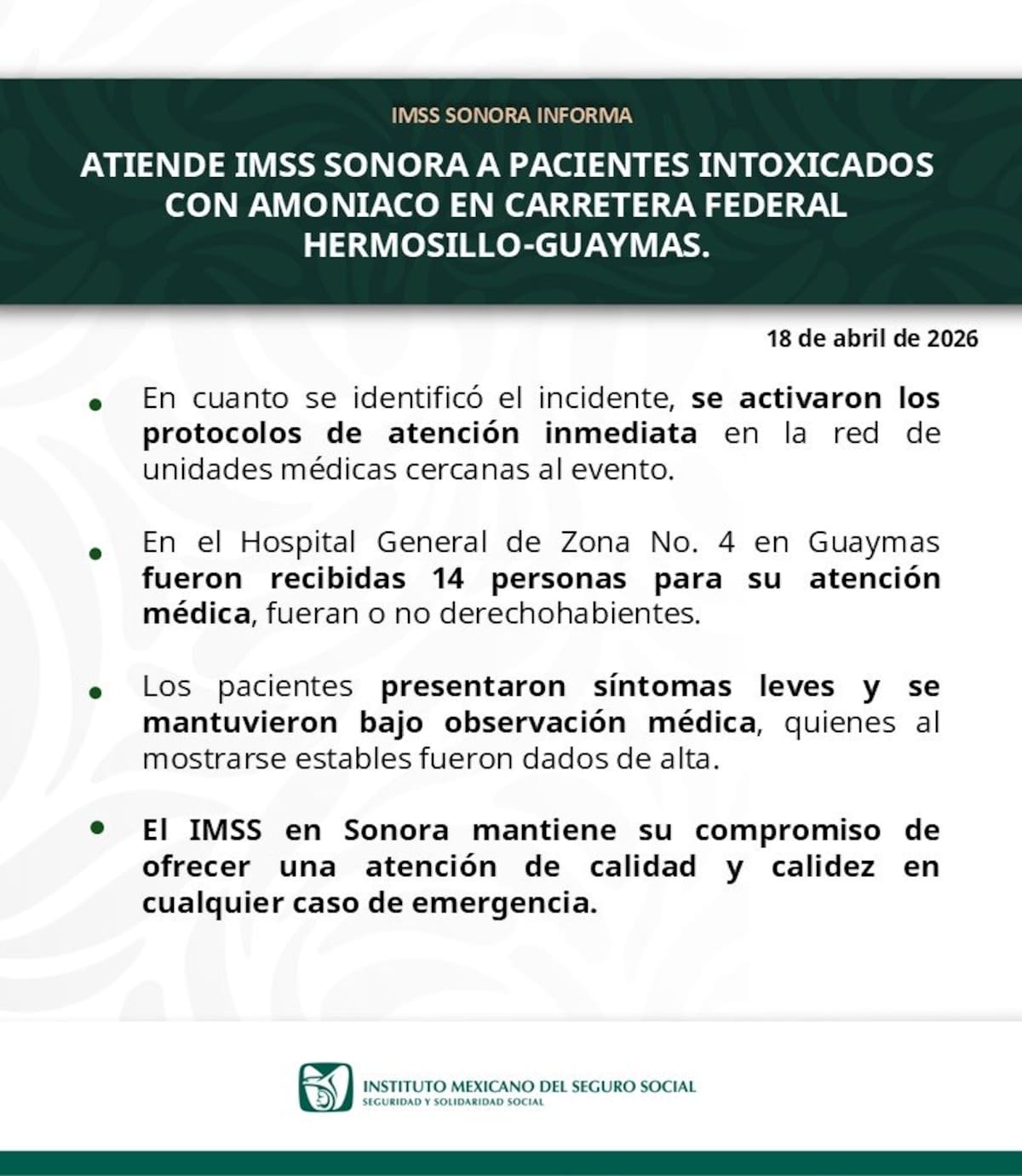 IMSS Sonora atiende a 14 personas por intoxicación leve tras accidente con amoniaco en la Hermosillo–Guaymas