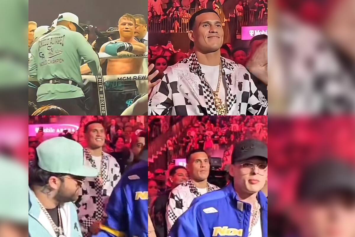 Benavidez sonríe al creer que Canelo lo invitó al ring, pero era a Peso Pluma y Luis R. Conríquez