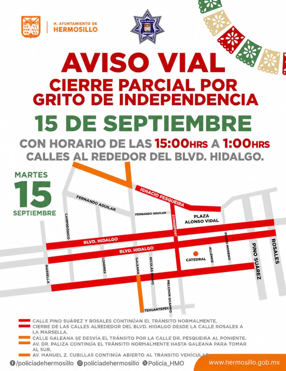 Aviso vial del 15 de septiembre del 2026.