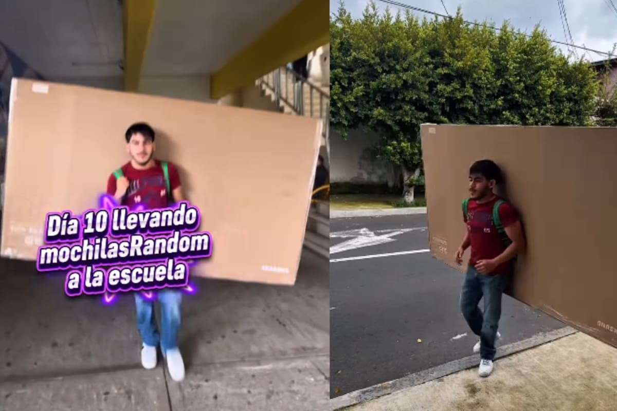 Joven se vuelve viral por hacer el trend de llevar mochilas random a la escuela: en esta ocasión fue una caja de una televisión de pantalla plana.