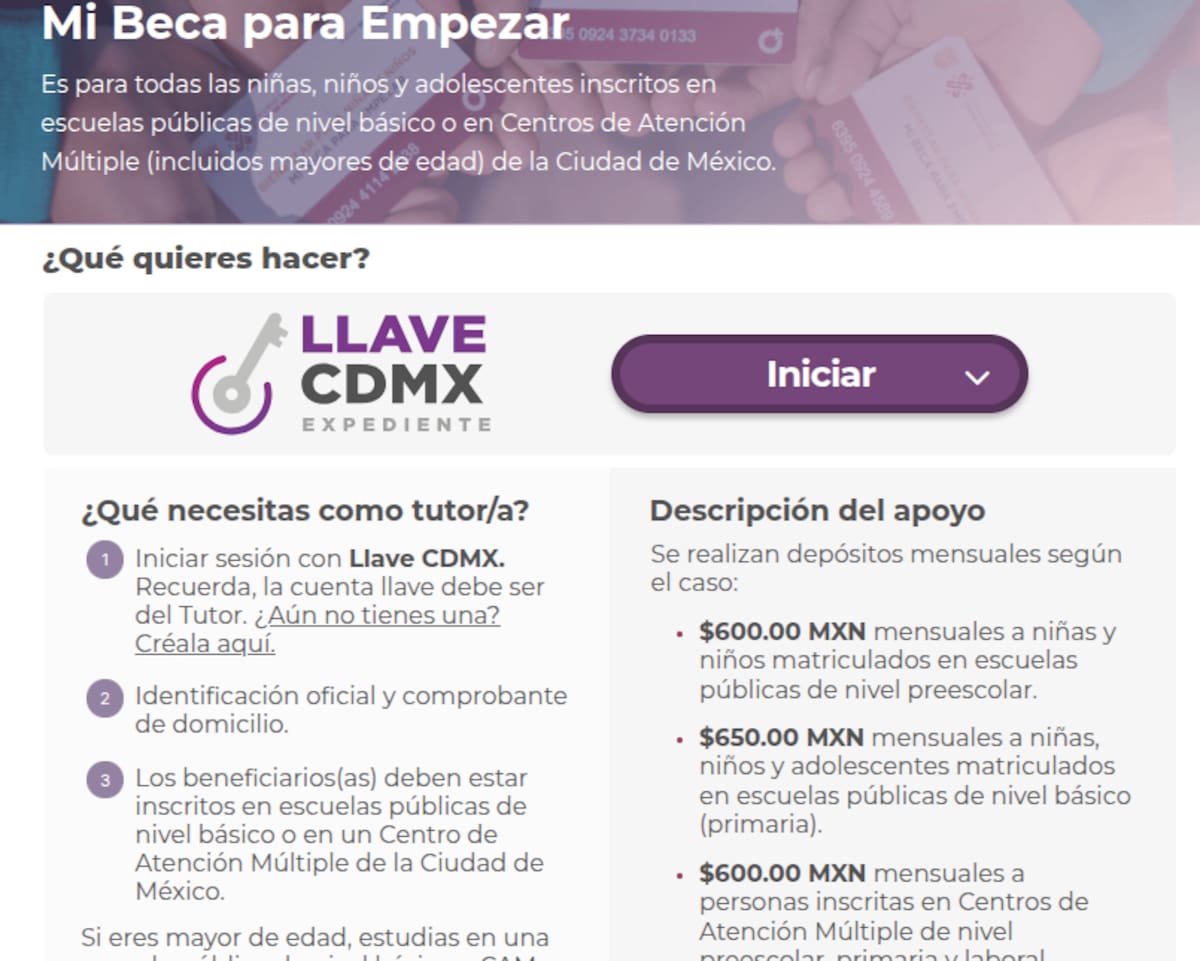 Captura de pantalla de la página principal para ingresar los datos e ingresar al sistema oficial de Mi Beca para Empezar.