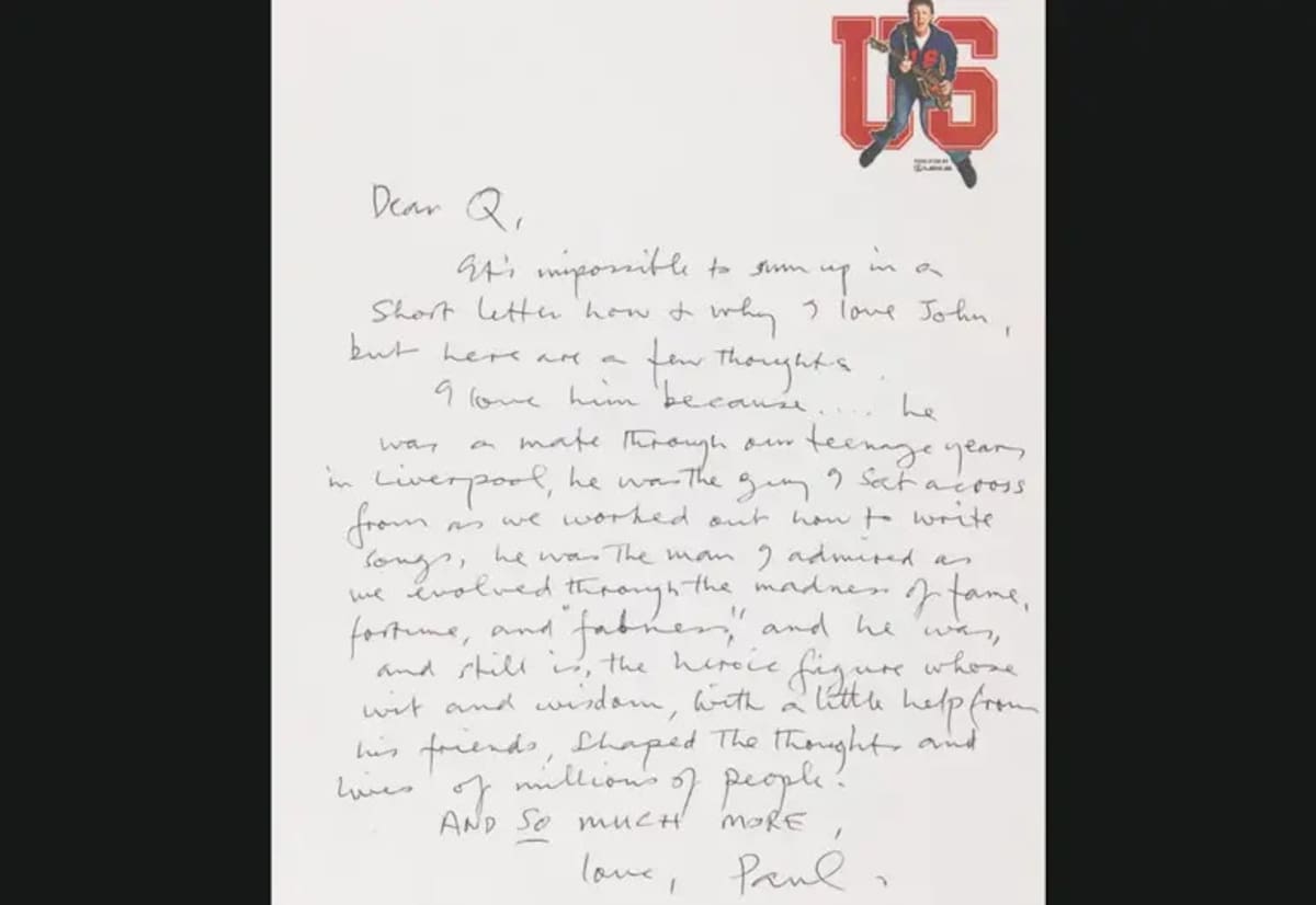 Carta de Paul McCartney para John Lennon.