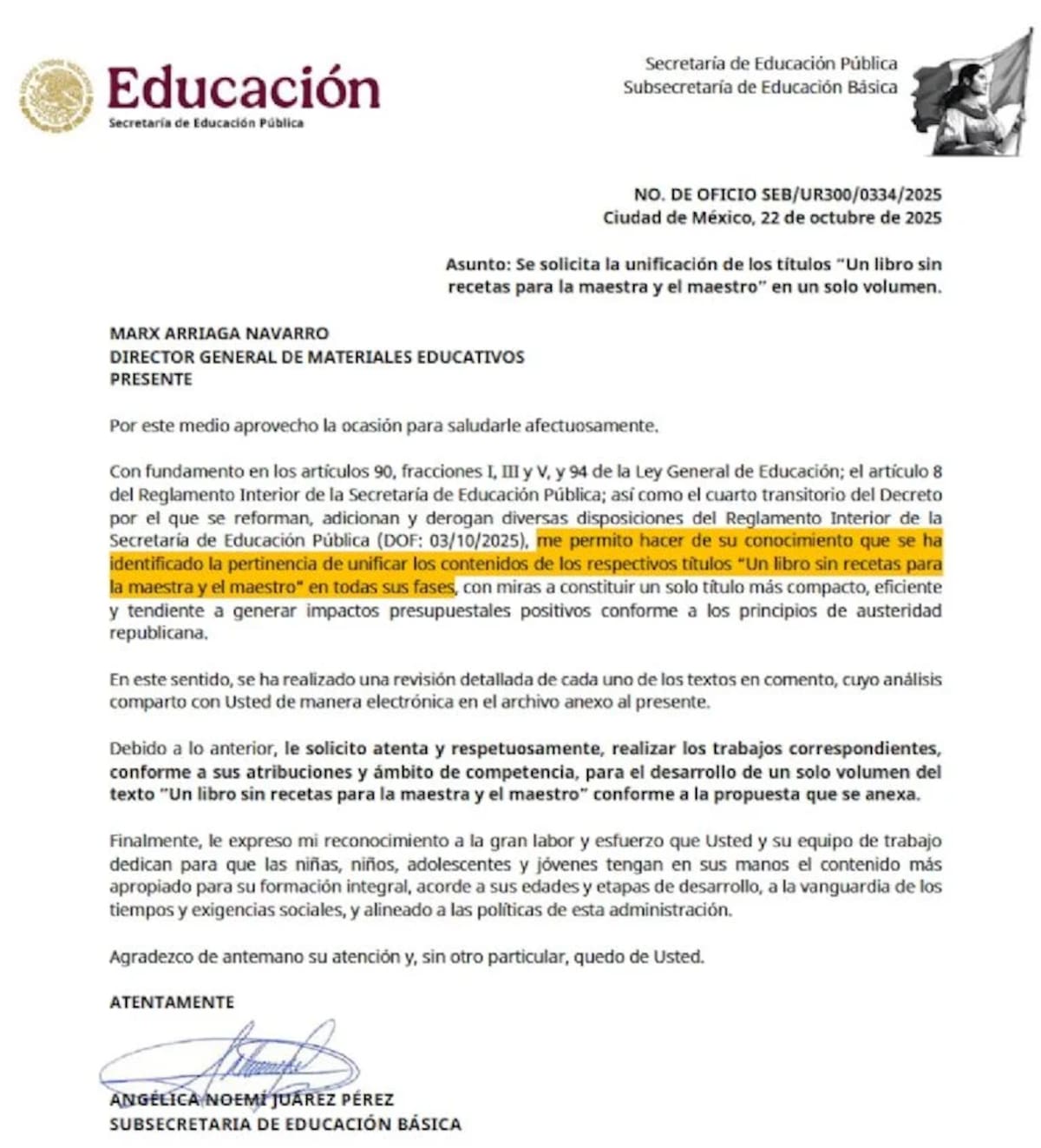 El oficio con el que la SEP habría pedido Marx Arriaga retirar temas de sus libros de texto gratuito y que fue revelado por la revista Proceso. | Imagen: Captura de pantalla