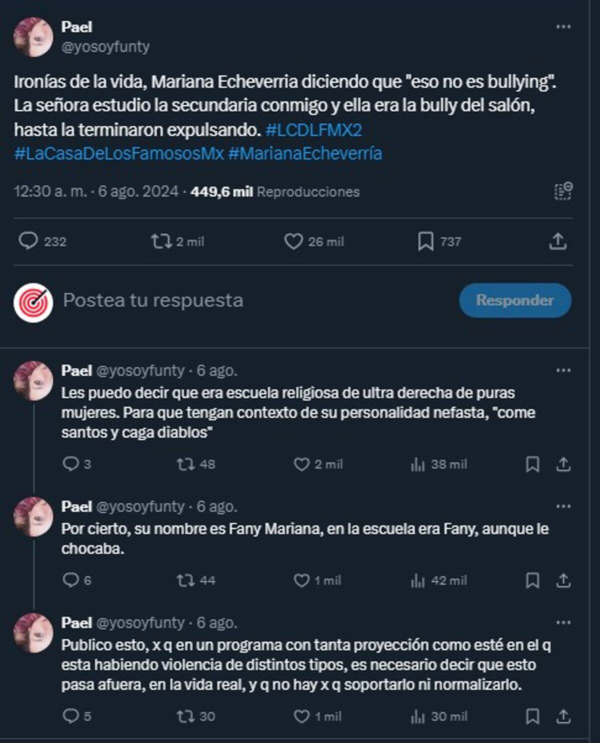 Señalan a Mariana Echeverría como "la bully del salón" / Cuenta de X: @yosoyfunty