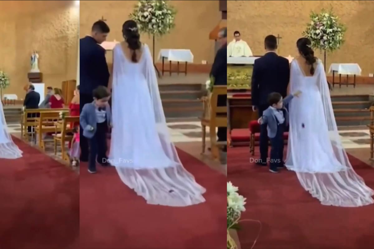 VIDEO: este niño utiliza el vestido de la novia como rampa para jugar con sus carritos en plena boda