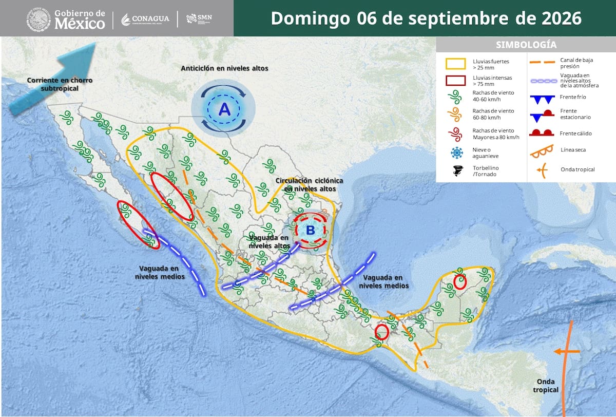 Pronóstico del clima para el domingo 6 de septiembre del 2026. | Crédito: Conagua