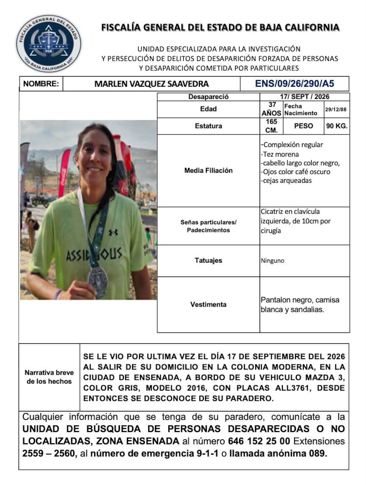 Marlen Vázquez Saavedra, de 37 años, es buscada en Ensenada. Foto: Cortesía