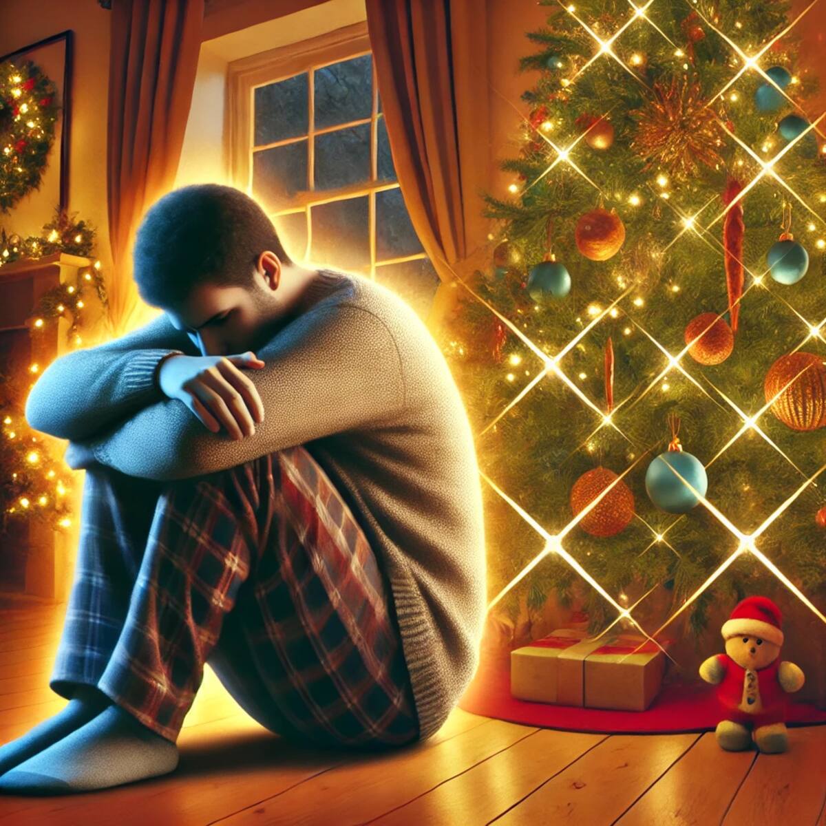 Imagen ilustrativa den una persona con sentimientos de tristeza en vísperas de navidad. / Hecha con IA (Chatgpt).