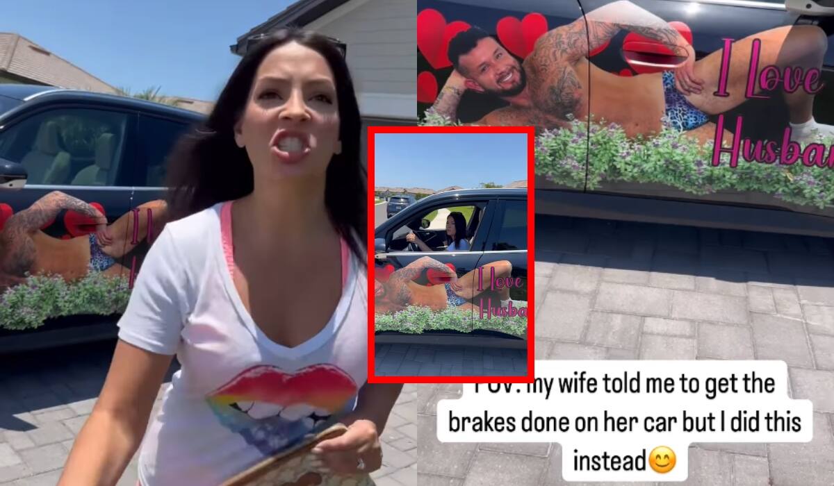 Mujer encuentra su auto cubierto de fotos de su marido en ropa interior tras broma de él