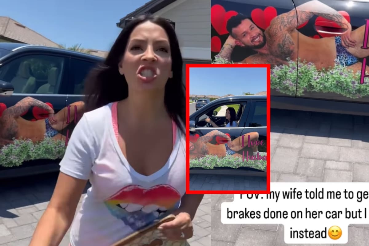 Mujer encuentra su auto cubierto de fotos de su marido en ropa interior tras broma de él