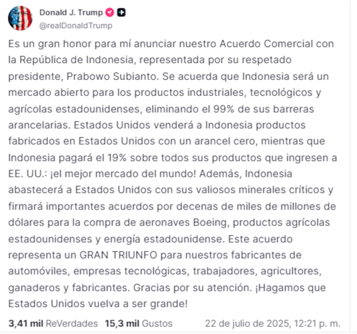 Trump a través de Truth Social.