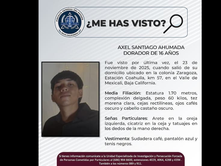 Buscan a Axel Santiago de 16 años, desaparecido en el Valle de Mexicali