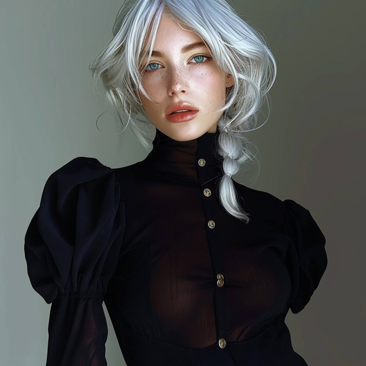 Meimei, la chamana codiciosa de Jujutsu Kaisen, luce un traje negro y un cabello plateado en esta imagen realista creada por la IA de Midjourney