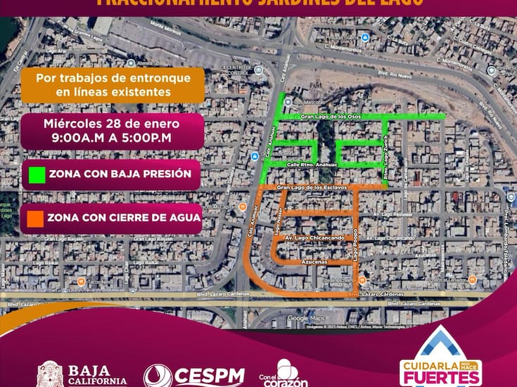 Habrá cierre y baja presión de agua por trabajos de CESPM en Jardines del Lago