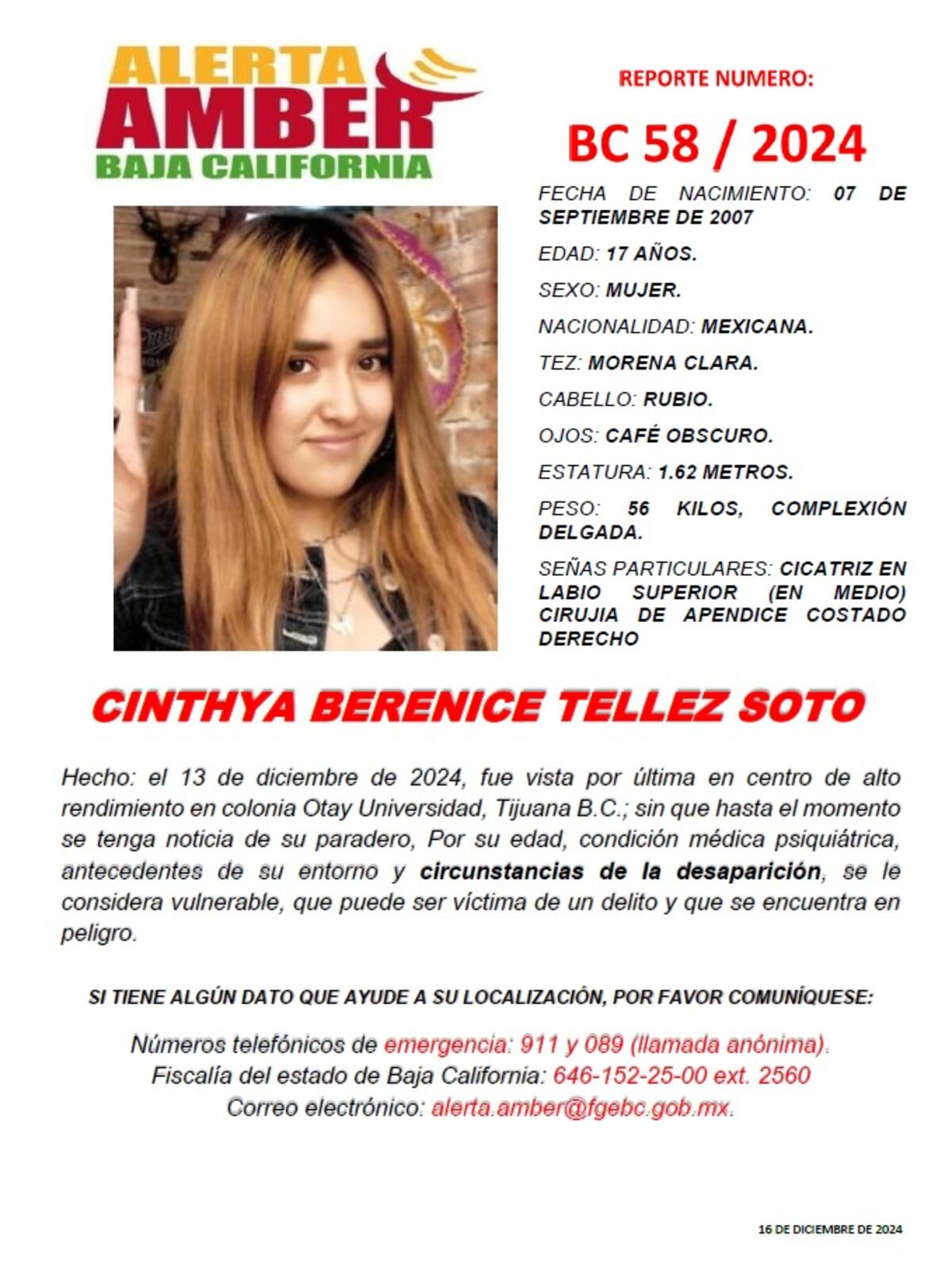 Cinthya Berenice Téllez Soto fue vista por última vez el 13 de diciembre en Tijuana.