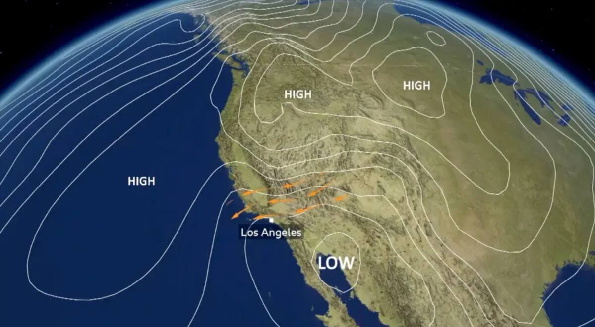 Los vientos de Santa Ana son el resultado de la alta presión sobre la Gran Cuenca. / BBC.