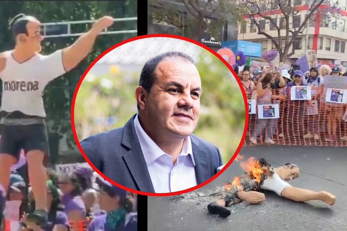 Mujeres llevan piñata de Cuauhtémoc Blanco en la marcha del 8M y la queman