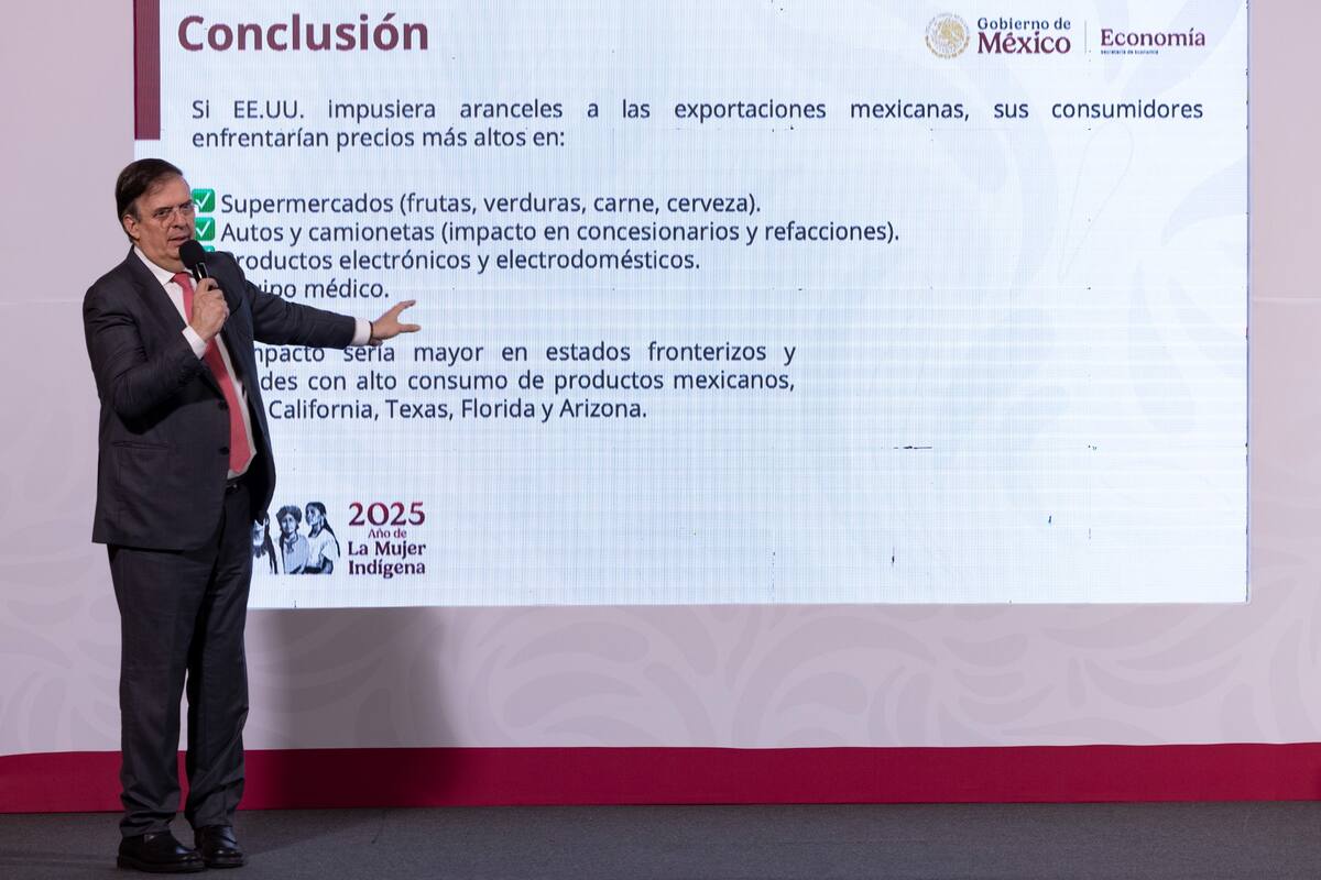 El secretario de Economía, Marcelo Ebrard, explica implicaciones de los aranceles de EU a México, en la "mañanera del Pueblo" de Claudia Sheinbaum. | Crédito: Presidencia