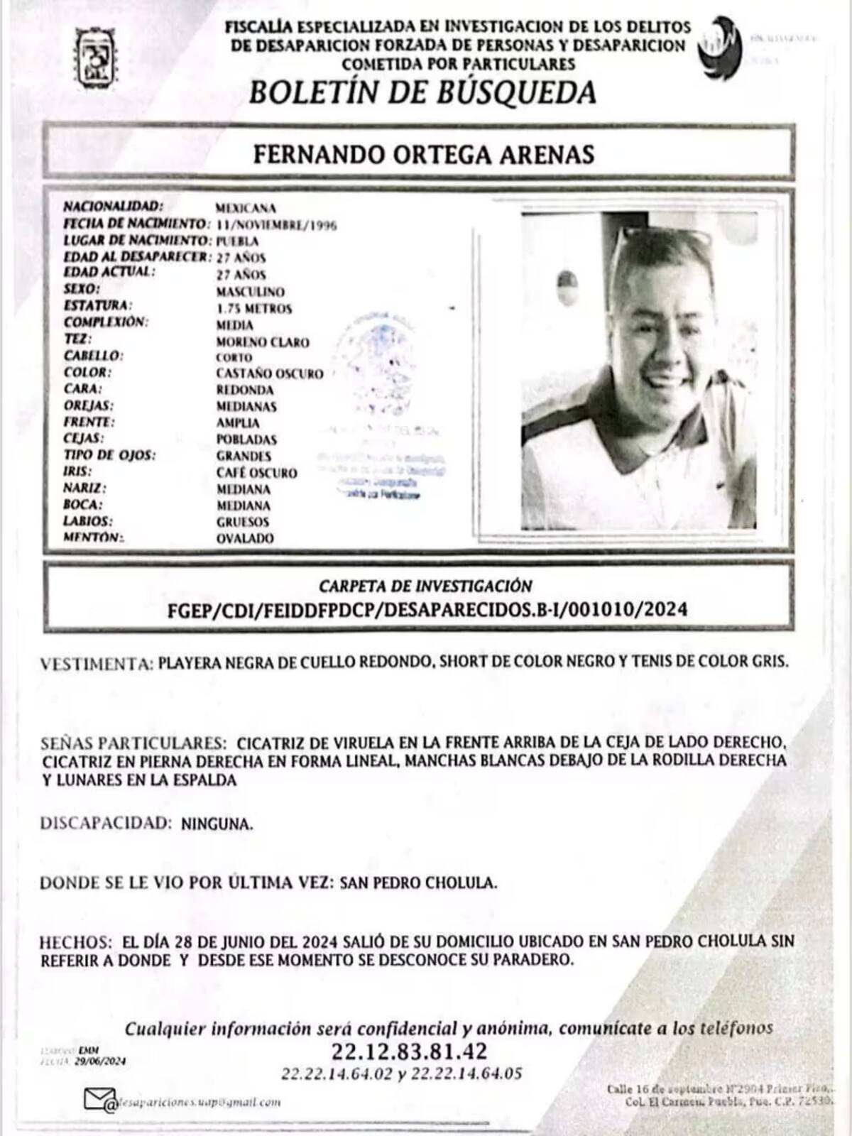 Ficha de búsqueda de DimeYao, emitida por FGE de Puebla.