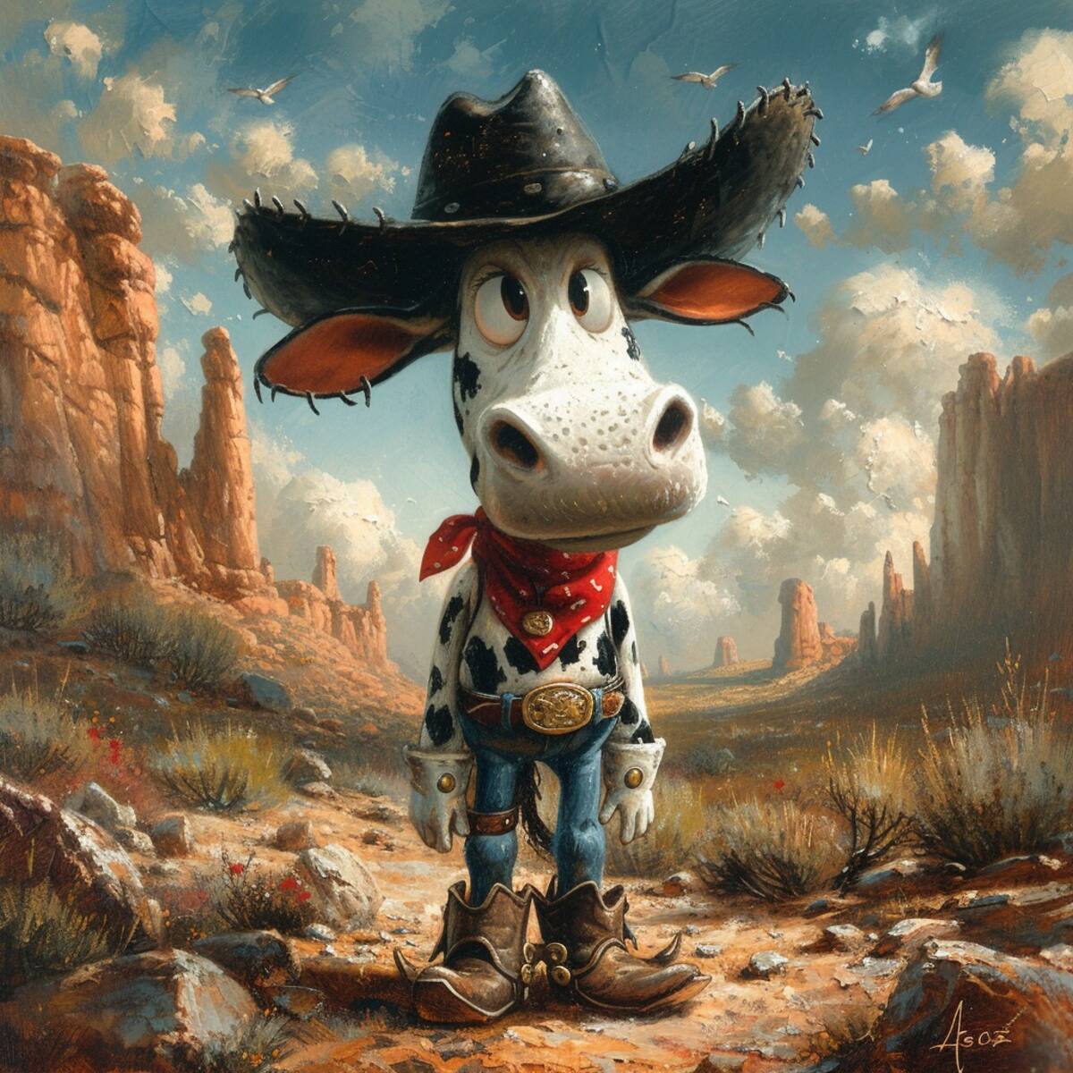 Midjourney imagina a Tiro Loco como un personaje amigable, rompiendo con la imagen clásica de vaquero rudo en el Viejo Oeste.