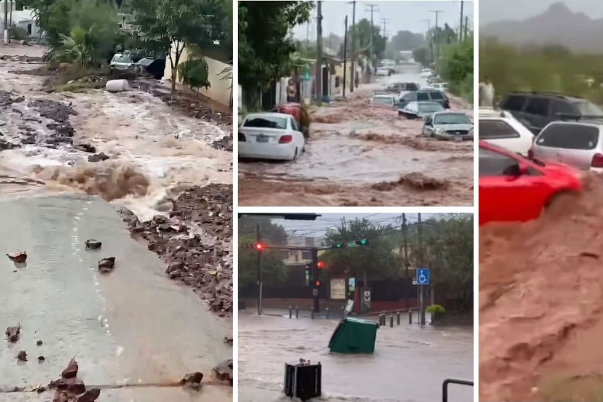 Las fuertes lluvias en Guaymas llevan a Protección Civil a pedir que la población permanezca en casa, mientras ciudadanos comparten videos de corrientes que arrastran autos en las calles