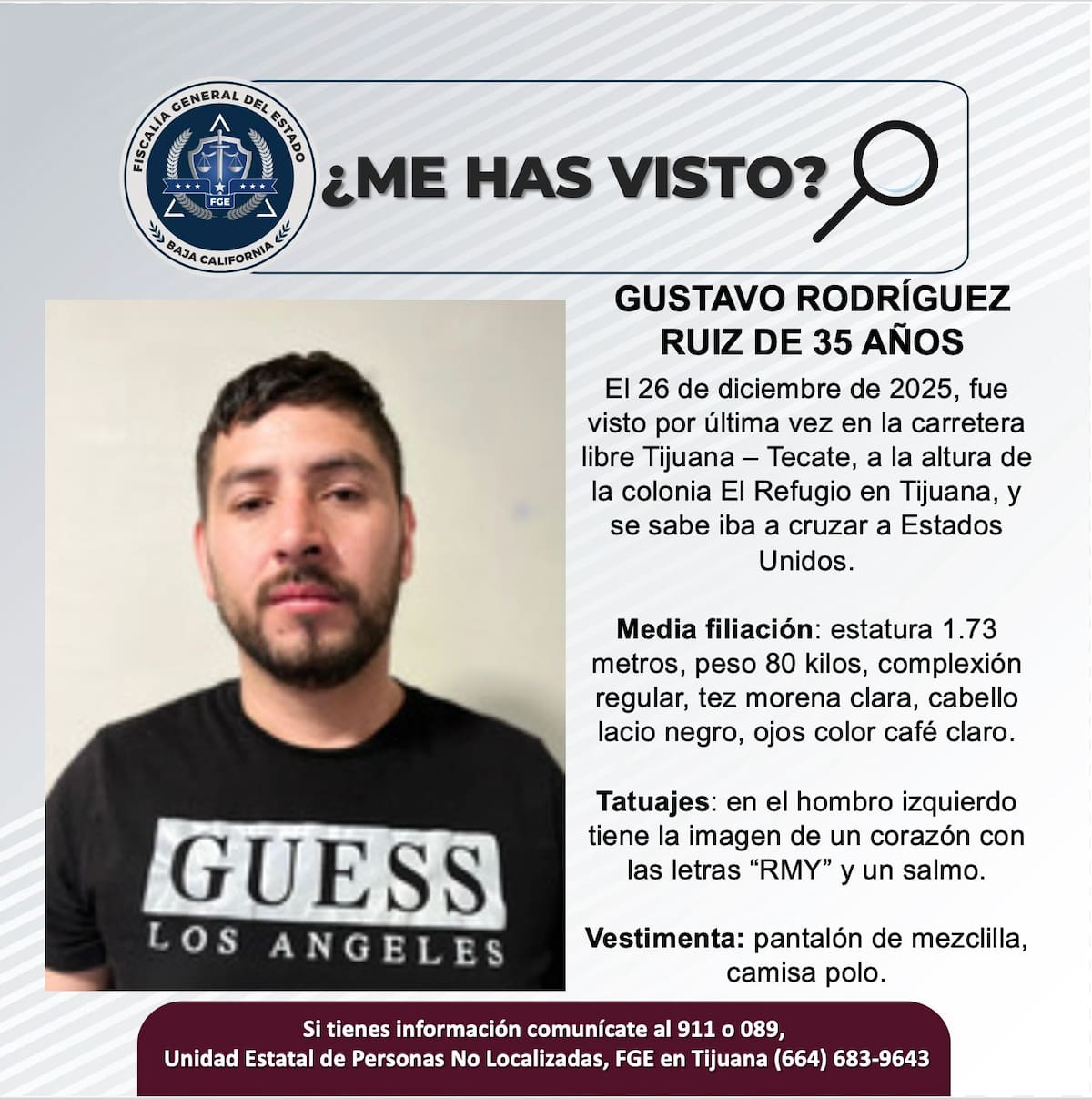 Fue visto por última vez el 26 de diciembre de 2025.