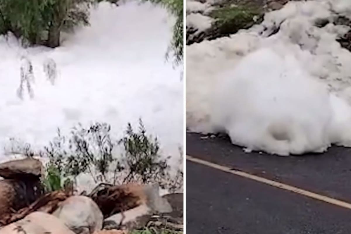 Espuma tóxica de aguas residuales cubre carretera entre Chilcuautla y Alfajayucan, en Hidalgo
