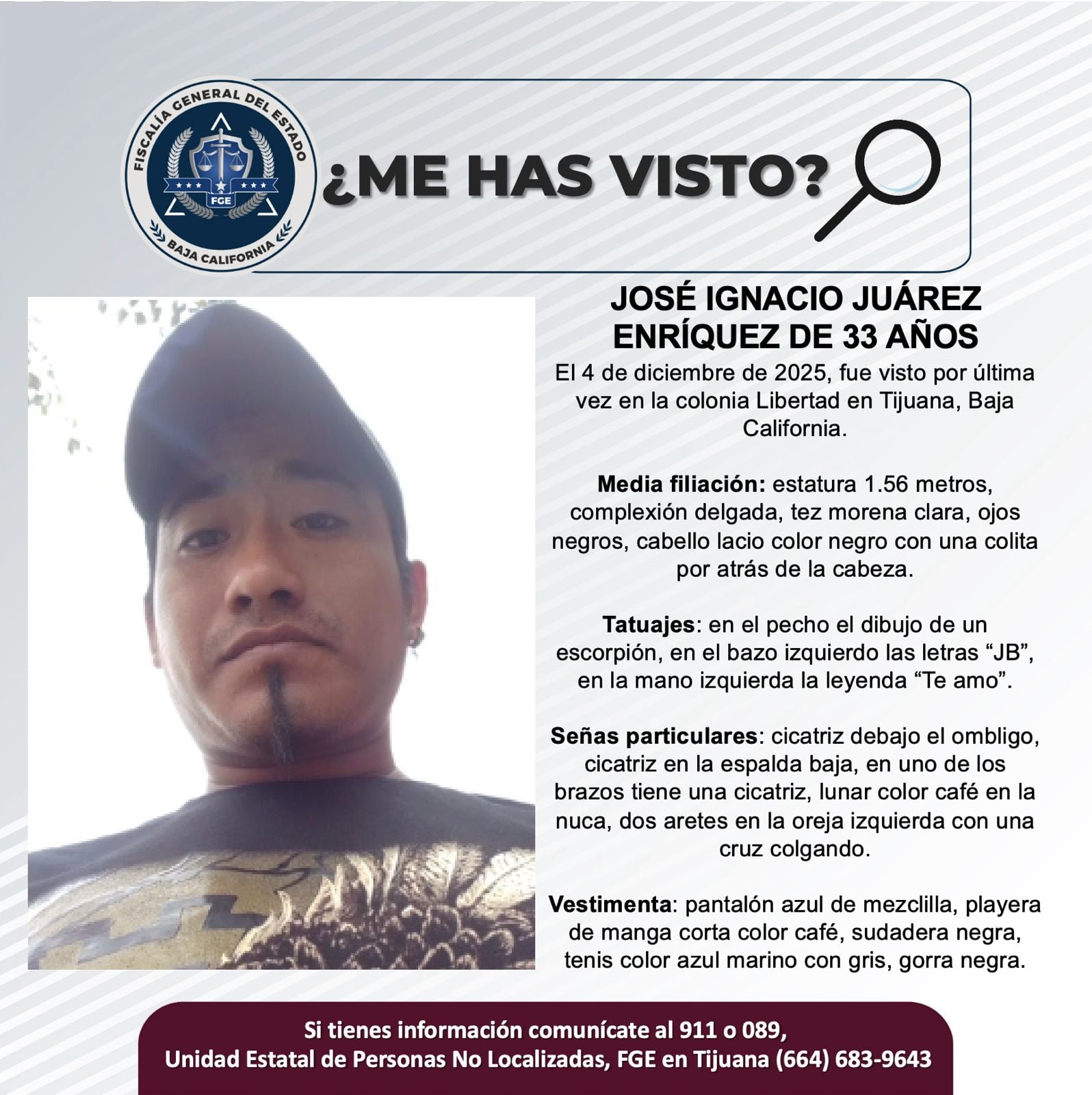 Fue visto por última vez el 4 de diciembre de 2025.