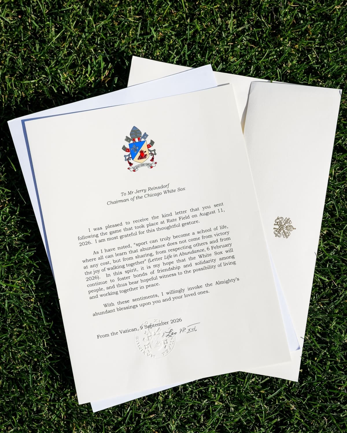Carta que envió el papa León XIV a los White Sox de Chicago. (Foto: @WhiteSox)