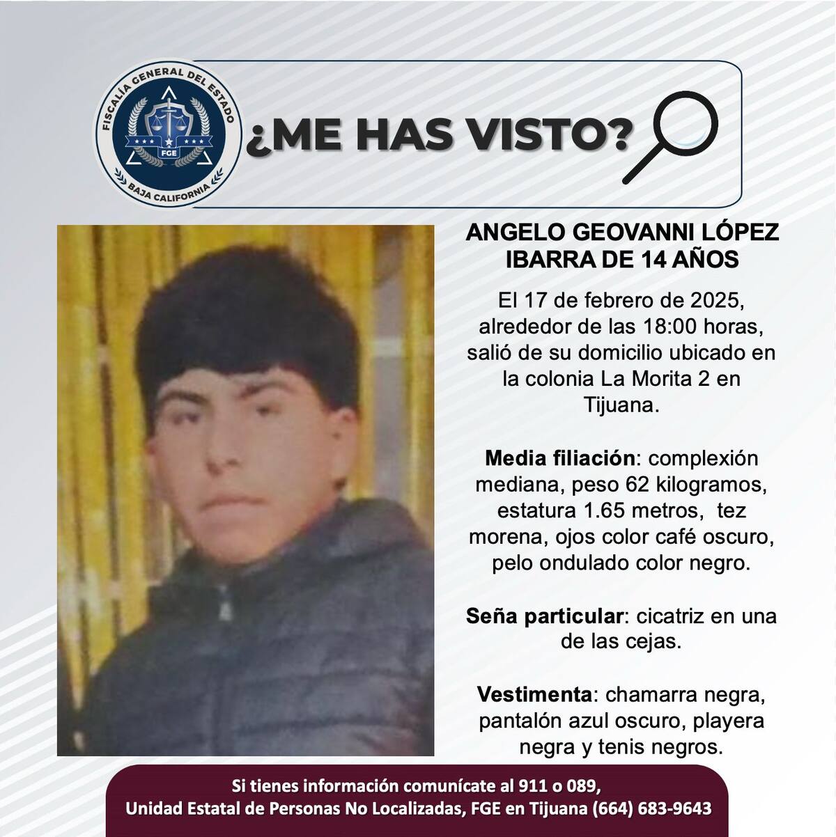 Angelo Geovanni López Ibarra fue visto por última vez el 17 de febrero de 2025.