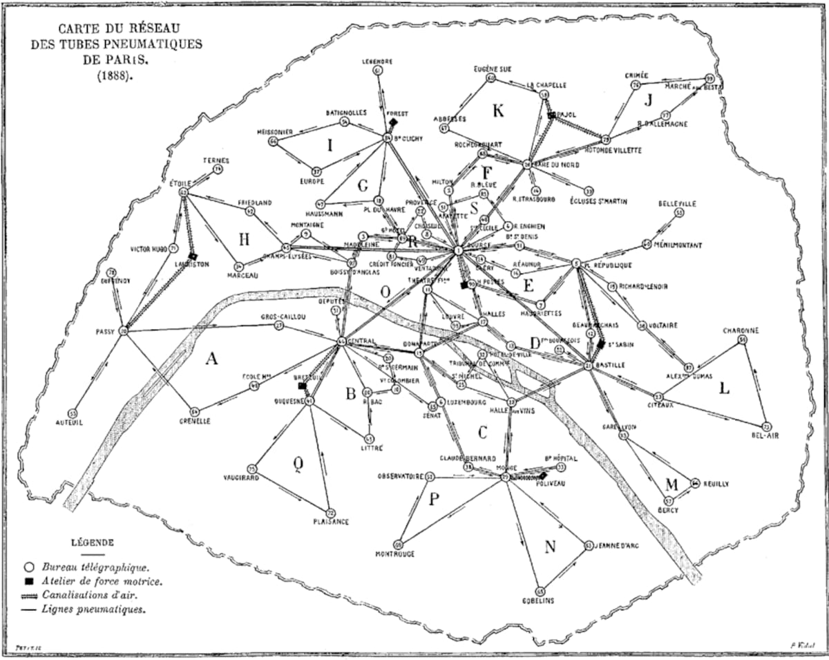 Mapa de la red de tubos neumáticos de París en 1888, cuando el sistema ya conectaba diferentes puntos de la capital francesa. Ilustración: Louis Figuier, via Wikimedia Commons / dominio público
